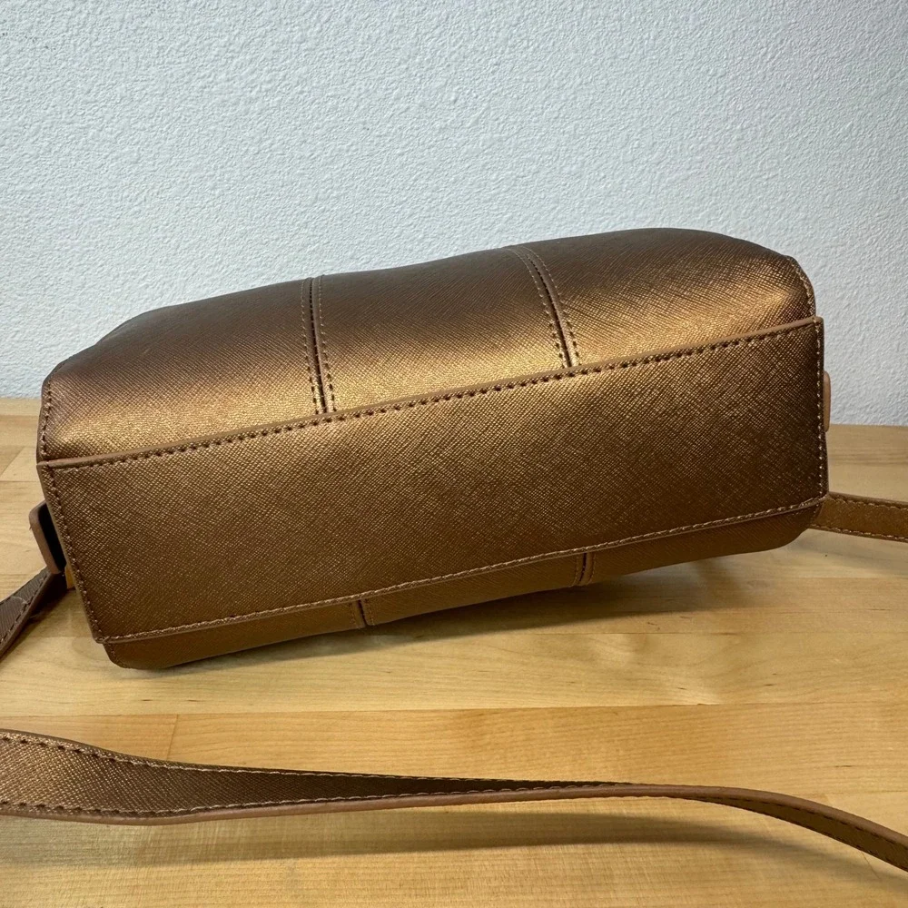 Joy‎ Mangano Bronze Metallic Saffiano Crossbody Bag RFID Organizer Gold Hardware